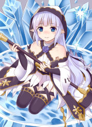 Rule 34 | 1girl, black thighhighs, blue eyes, collarbone, commentary request, detached sleeves, from above, granblue fantasy, holding, ice, lily (granblue fantasy), long hair, looking at viewer, looking up, pointy ears, seiza, silver hair, sitting, smile, solo, staff, thighhighs, tukino neru, zettai ryouiki