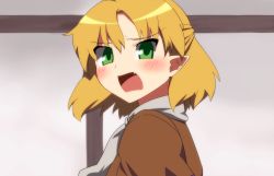 Rule 34 | 1girl, anime coloring, blonde hair, blush, commentary request, fang, female focus, green eyes, kaiza (rider000), mizuhashi parsee, open mouth, pointy ears, rider000, scarf, short hair, solo, touhou, tsundere