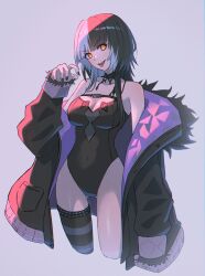 Rule 34 | 1girl, black hair, black jacket, black nails, breasts, choker, cleavage, coat, commentary, fur-trimmed coat, fur trim, grey background, hair ornament, highres, hololive, hololive english, jacket, lace, lace choker, long sleeves, looking at viewer, medium breasts, multicolored hair, navel, off shoulder, one-piece swimsuit, open mouth, shiori novella, shiori novella (1st costume), simple background, single thighhigh, solo, split-color hair, striped clothes, striped thighhighs, sumosumo, swimsuit, thighhighs, tongue, tongue out, two-tone hair, virtual youtuber, white hair, yellow eyes