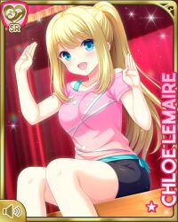 Rule 34 | 1girl, black shorts, blonde hair, blue eyes, breasts, character name, chloe lemaire, girlfriend (kari), indoors, long hair, medium breasts, official art, open mouth, pink shirt, qp:flapper, shirt, short shorts, short sleeves, shorts, sitting, smile, solo, sparkle, workout clothes