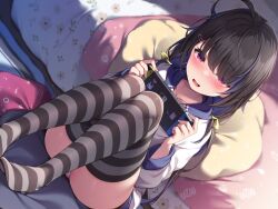 Rule 34 | 1girl, ahoge, ass, black hair, blue hair, blush, collarbone, commentary request, dutch angle, hair over one eye, hands up, highres, holding, hood, hood down, hoodie, knees up, long hair, long sleeves, multicolored hair, nintendo switch, no shoes, open mouth, original, panties, pillow, puffy long sleeves, puffy sleeves, red eyes, sitting, solo, striped clothes, striped thighhighs, sweat, thighhighs, toyosaki shu, two-tone hair, underwear, very long hair, white hoodie, white panties
