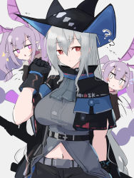 Rule 34 | 2girls, :&lt;, ?, arknights, ascot, asususususu, bare shoulders, belt, black cape, black gloves, black headwear, black jacket, black pants, blush, blush stickers, breasts, buckle, cape, cleavage, commentary request, detached sleeves, flying sweatdrops, gloves, grey ascot, grey belt, grey shirt, hair between eyes, hair ornament, hairclip, hat, head wings, highres, holding, holding strap, holding weapon, infection monitor (arknights), jacket, jitome, long hair, long sleeves, looking at viewer, manticore (arknights), medium breasts, midriff, motion lines, multiple girls, navel, o o, open clothes, open jacket, pants, purple hair, red eyes, shirt, silver hair, skadi (arknights), sketch, sleeveless, sleeveless shirt, sword, tearing up, triangle mouth, twintails, upper body, very long hair, weapon, white background, wings