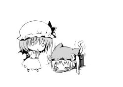 Rule 34 | 2girls, animal ears, bad id, bad pixiv id, bat wings, box, cat ears, cat girl, cat tail, chibi, female focus, flandre scarlet, food, greyscale, hanahanamaki, in box, in container, kemonomimi mode, monochrome, multiple girls, o o, popsicle, remilia scarlet, siblings, sisters, tail, touhou, wings
