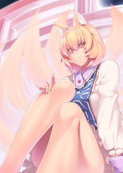 Rule 34 | 1girl, animal ear fluff, animal ears, ass, bare legs, blonde hair, breasts, dress, feet out of frame, fingernails, fox ears, fox tail, frilled dress, frilled shirt collar, frills, hair between eyes, kaiza (rider000), knees up, legs, long fingernails, long sleeves, looking at viewer, medium breasts, multiple tails, no headwear, short hair, sitting, smile, solo, tabard, tail, thighs, touhou, white dress, yakumo ran, yellow eyes