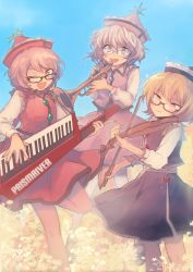 Rule 34 | 3girls, :d, ;d, bad id, bad pixiv id, bespectacled, black-framed eyewear, black skirt, blonde hair, blue nails, blue sky, brown hair, crescent, flower, glasses, hat, instrument, keyboard (instrument), keytar, long sleeves, looking at viewer, lunasa prismriver, lyrica prismriver, merlin prismriver, multiple girls, music, nail polish, one eye closed, open mouth, outdoors, playing instrument, red nails, red skirt, short hair, silver hair, skirt, skirt set, sky, smile, sososo (kajipome), standing, standing on one leg, star (symbol), touhou, trumpet, vest, violin, yellow nails