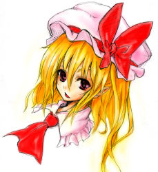 Rule 34 | 1girl, blonde hair, collared shirt, embodiment of scarlet devil, female focus, flandre scarlet, hair between eyes, hat, long hair, looking at viewer, mob cap, pointy ears, portrait, shirt, solo, suzushoku hiro, touhou, upper body, white hat