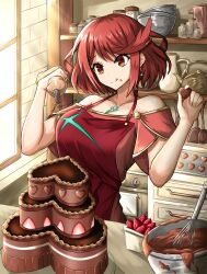 1girl absurdres adapted_costume apron bare_shoulders batter bob_cut breasts cake candy chest_jewel chocolate chocolate_cake chocolate_heart chocolate_on_face earrings fgsketch floating_earring food food_on_face fruit heart heart-shaped_food highres holding holding_pastry_bag jewelry kitchen large_breasts licking_lips mixing_bowl pastry_bag pyra_(xenoblade) red_eyes red_hair short_hair solo strawberry swept_bangs tongue tongue_out whisk xenoblade_chronicles_(series) xenoblade_chronicles_2