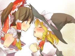 Rule 34 | 2girls, ascot, black dress, blonde hair, blush, bow, braid, brown eyes, brown hair, clenched hands, detached sleeves, dress, ema20, closed eyes, face, face-to-face, female focus, hair bow, hair tubes, hakurei reimu, hat, imminent kiss, japanese clothes, kirisame marisa, miko, multiple girls, necktie, open mouth, ponytail, profile, raised fist, red dress, shirt, touhou, trembling, witch, witch hat, yuri