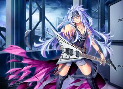 Rule 34 | 1girl, 440, belt, breasts, cleavage, cross, electric guitar, guitar, gun sling, instrument, jackson guitars, jackson rhoads, jewelry, long hair, looking at viewer, multicolored hair, nail polish, necklace, original, parted lips, pendant, purple hair, ring, shiny skin, shorts, silver hair, small breasts, smile, solo, thighhighs, two-tone hair