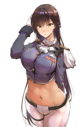 Rule 34 | 1girl, arm behind back, arm up, ascot, breasts, brown eyes, brown hair, cowboy shot, cropped jacket, earrings, epaulettes, from above, gloves, goddess of victory: nikke, highres, jacket, jewelry, large breasts, long hair, looking at viewer, marciana (nikke), military jacket, military uniform, navel, navel piercing, pants, piercing, solo, stomach, tight clothes, tight pants, tokiwa midori (kyokutou funamushi), uniform, very long hair, white ascot, white background, white gloves, white pants
