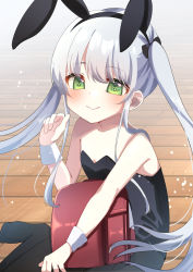 Rule 34 | 1girl, animal ears, backpack, bag, bare shoulders, black bow, black hairband, black leotard, black pantyhose, blush, bow, closed mouth, commentary request, fake animal ears, green eyes, grey hair, hair bow, hairband, hand up, highres, leotard, long hair, no shoes, original, pantyhose, playboy bunny, rabbit ears, randoseru, smile, solo, strapless, strapless leotard, suzu (minagi), twintails, very long hair, wrist cuffs