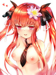 Rule 34 | 1girl, bad id, bad pixiv id, between breasts, blush, bow, breasts, flower, hair bow, hair flower, hair ornament, hair ribbon, heart, heart-shaped pupils, long hair, medium breasts, naked necktie, necktie, nipples, nude, open mouth, original, red eyes, red hair, ribbon, simple background, solo, sxbzero, symbol-shaped pupils, upper body, white background