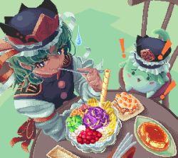 Rule 34 | !, 1girl, blue vest, bow, buttons, cake, candy, chair, commentary, eating, english commentary, epaulettes, flat chest, food, green eyes, green hair, karamelflan, long sleeves, lowres, open mouth, pixel art, pudding, red bow, shiki eiki, shirt, short hair, sleeve bow, sukusuku hakutaku, sweatdrop, table, touhou, upper body, vest, wafer stick, white bow, white shirt