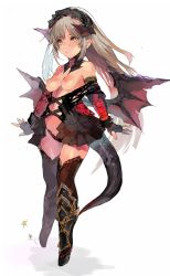 Rule 34 | 1girl, bat wings, blonde hair, breasts, demon horns, hairband, highres, horns, long hair, nipples, original, pointy ears, small breasts, solo, tail, thighhighs, unkq, wings
