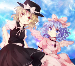 Rule 34 | 2girls, :o, bad id, bad pixiv id, blonde hair, blue eyes, bow, buttons, cloud, dress, female focus, hand on own hip, hat, hat bow, hip focus, light purple hair, looking away, mai (touhou), multiple girls, mystic square, pink dress, ribbon, shirt, short hair, short sleeves, sitting, skirt, sky, smile, star (sky), starry sky, touhou, touhou (pc-98), uranaishi (miraura), vest, wings, witch, yellow eyes, yuki (touhou)