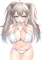 Rule 34 | 1girl, animal ear fluff, animal ears, bare arms, bare shoulders, bikini, bikini in mouth, black nails, blush, breasts, cleavage, closed mouth, clothes in mouth, commentary, cowboy shot, ear piercing, grey eyes, hair between eyes, hand on own chest, highres, hololive, large breasts, lion ears, long hair, looking at viewer, mouth hold, nail polish, navel, neko lu (wofud453), o-ring, o-ring bikini, piercing, shishiro botan, silver hair, solo, standing, stomach, string bikini, swimsuit, virtual youtuber, white bikini