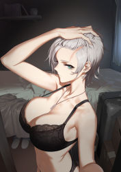 Rule 34 | 1girl, absurdres, armpits, black bra, black panties, blue eyes, bra, breasts, cleavage, collarbone, expressionless, from side, green eyes, grey hair, hand on own head, highres, indoors, jewelry, lace, large breasts, lingerie, looking at viewer, necklace, original, panties, scar, scar on face, scar on forehead, scowl, selfie, short hair, skindentation, slippers, unworn slippers, solo, standing, tdc24, turquoise eyes, underwear, underwear only, upper body, white hair