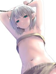 Rule 34 | 1girl, armpits, arms up, blue eyes, chain, commentary request, cuffs, culter, earrings, flat chest, grey hair, jewelry, medium hair, navel, original, pointy ears, sample watermark, shackles, solo, upper body, watermark