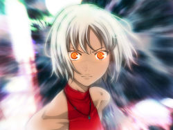 Rule 34 | 1girl, 428, androgynous, bare shoulders, canaan (character), canaan (series), chunsoft, glowing, glowing eyes, jewelry, nazo kichi, necklace, short hair, silver hair, sleeveless, sleeveless turtleneck, solo, turtleneck, yellow eyes
