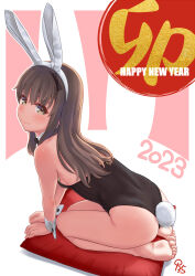 Rule 34 | 1girl, 2023, animal ears, aoi kumiko, arm support, artist name, backless leotard, bare legs, barefoot, black leotard, blush, brown eyes, brown hair, chinese zodiac, closed mouth, commentary request, cushion, fake animal ears, feet, happy new year, highres, leaning forward, legs, leotard, long hair, looking at viewer, looking back, new year, no shoes, original, oversized breast cup, playboy bunny, rabbit ears, rabbit tail, seiza, shadow, signature, sitting, smile, soles, solo, strapless, strapless leotard, tail, toes, translated, year of the rabbit, zabuton