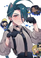 Rule 34 | 2boys, 3girls, ahoge, androgynous, animal ears, aqua hair, black choker, black gloves, black necktie, black pants, blush, bright pupils, cat ears, chibi, chibi inset, choker, collared shirt, creatures (company), ear piercing, earrings, embarrassed, fang, fang out, game freak, geeta (pokemon), gloves, grey shirt, hair between eyes, hair over one eye, hands up, hassel (pokemon), highres, jewelry, kemonomimi mode, larry (pokemon), long hair, looking at viewer, low ponytail, multiple boys, multiple girls, necktie, nintendo, pants, paw pose, piercing, pokemon, pokemon sv, poppy (pokemon), red eyes, reverse trap, rika (pokemon), shirt, shirt tucked in, simple background, simple fish, solo focus, suspenders, sweat, swept bangs, tomato 0429, upper body, white background, white pupils