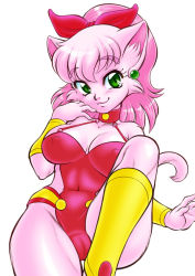 Rule 34 | 1girl, artist request, breasts, cameltoe, cat, covered erect nipples, female focus, furry, furry female, green eyes, long hair, miina miina, pink hair, ponytail, rpg densetsu hepoi, simple background, solo, studio gallop, white background