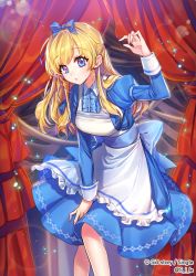 Rule 34 | 1girl, blonde hair, blue dress, blue eyes, blue ribbon, copyright name, curtains, dress, hair ribbon, indoors, looking at viewer, official art, ribbed dress, ribbon, sid story, sila (carpen), solo, twitter username