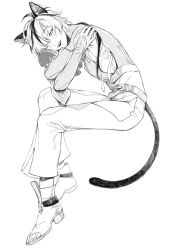 Rule 34 | animal ear fluff, animal ears, black hair, blade (nu carnival), blush, cat boy, cat ears, cat tail, chenyao4444444, full body, greyscale, hair over one eye, highres, holding, holding stuffed toy, hugging doll, hugging object, male focus, monochrome, multicolored hair, nu carnival, open mouth, sharp teeth, short hair, stuffed toy, tail, teeth, upper teeth only, white background
