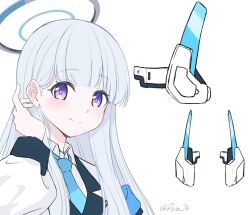 Rule 34 | 1girl, blue archive, blue necktie, blush, closed mouth, collared shirt, formal, hair behind ear, halo, headphones, headphones removed, highres, long hair, long sleeves, mechanical halo, necktie, noa (blue archive), purple eyes, reia 76, shirt, signature, simple background, smile, solo, suit, twitter username, upper body, very long hair, white background, white hair, white shirt, white suit