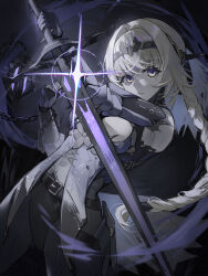 Rule 34 | belt, bianca: stigmata (punishing: gray raven), bianca (punishing: gray raven), braid, chain, glaring, headgear, highres, holding, holding sword, holding weapon, looking at viewer, mechanical arms, mechanical parts, mole, punishing: gray raven, sword, weapon, white hair