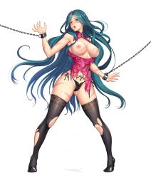 Rule 34 | 1girl, aqua eyes, aqua hair, bdsm, blush, bondage, bound, breasts, chain, chinese clothes, cleavage, covered erect nipples, curvy, female focus, full body, heart, heart tattoo, high heels, highres, injury, large breasts, lilith-soft, long hair, looking at viewer, makishima ayame, nail polish, nipples, no bra, panties, pink nails, pubic tattoo, pussy juice, shiny skin, side-tie panties, simple background, solo, standing, striped clothes, striped panties, sweat, taimanin (series), taimanin kurenai, taimanin rpgx, tattoo, thighhighs, thong, torn clothes, underwear, very long hair, white background, zol