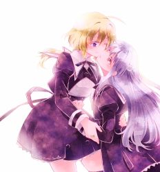 Rule 34 | 2girls, ;), ahoge, amano soraha, assault lily, black ribbon, black skirt, black thighhighs, blonde hair, blush, bright pupils, brown eyes, cheek-to-cheek, cowboy shot, cropped jacket, egawa kusumi, eye contact, face-to-face, fingernails, flower, grey hair, hair between eyes, hair flower, hair ornament, hand on another&#039;s arm, hand on another&#039;s back, heads together, high-waist skirt, highres, jewelry, juliet sleeves, long hair, long sleeves, looking at another, low ponytail, miniskirt, multiple girls, neck ribbon, one eye closed, parted lips, ponytail, puffy sleeves, purple eyes, ribbon, ring, school uniform, shirt, sidelocks, simple background, skirt, smile, sorato (astllatte), standing, thighhighs, twitter username, two side up, very long hair, white background, white pupils, white shirt, yuri, yurigaoka girls academy school uniform