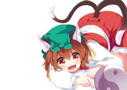 Rule 34 | 1girl, animal ears, blush, brown hair, cat ears, cat tail, chen, earrings, fangs, hat, image sample, japa, jewelry, kneeling, long sleeves, looking down, mob cap, multiple tails, open mouth, orb, red eyes, resolution mismatch, shirt, simple background, single earring, skirt, skirt set, smile, solo, source larger, tail, touhou, vest, white background, yin yang