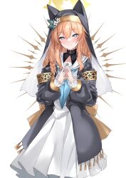 Rule 34 | 1girl, blue archive, blue eyes, closed mouth, commentary request, dress, flower, halo, highres, long sleeves, looking at viewer, mari (blue archive), mutou mame, nun, orange hair, short hair, smile, solo, white background, white dress