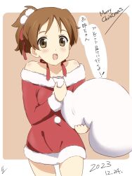 Rule 34 | 1girl, brown eyes, brown hair, dated, dress, hirasawa ui, holding, holding sack, k-on!, looking at viewer, ma-2 (konkon kitakitsune), merry christmas, open mouth, red dress, sack, santa costume, santa dress, short hair, sketch, smile, solo, speech bubble, translation request