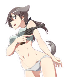 Rule 34 | 1girl, animal ears, blush, breasts, brown eyes, brown hair, dog ears, dog tail, gertrud barkhorn, grey sports bra, gun, handgun, medium breasts, nanashino, navel, panties, pistol, simple background, solo, sports bra, standing, strike witches, tail, twintails, underwear, weapon, white background, white panties, world witches series