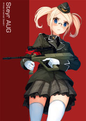 Rule 34 | 1girl, assault rifle, blonde hair, blue eyes, blush, bullpup, garrison cap, glasses, gloves, gun, hat, holding, long hair, looking at viewer, military, military uniform, original, parsley-f, plaid, plaid skirt, pleated skirt, rifle, simple background, skirt, solo, steyr aug, thighhighs, twintails, uniform, weapon, white gloves, white thighhighs, zettai ryouiki