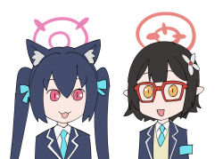 Rule 34 | 2girls, :3, :d, animal ear fluff, animal ears, aqua armband, aqua necktie, ayane (blue archive), black hair, blazer, blue archive, bow, cat ears, cat girl, collared shirt, commentary request, glasses, hair between eyes, hair bow, hair ornament, hair ribbon, hairclip, halo, jacket, long hair, long sleeves, looking at viewer, multiple girls, necktie, open mouth, pointy ears, red eyes, ribbon, school uniform, serika (blue archive), shirt, short hair, sidelocks, simple background, sketch, smile, twintails, ueyama michirou, white background, yellow eyes