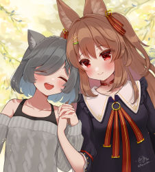 Rule 34 | 2girls, :d, ^ ^, animal ear fluff, animal ears, aran sweater, black dress, braid, breasts, brown hair, cable knit, cat ears, closed eyes, collared dress, commentary request, commission, crown braid, detached sleeves, dress, grey hair, grey sleeves, grey sweater, hair between eyes, hair ornament, hair over one eye, hairclip, highres, holding hands, interlocked fingers, long hair, masshirokachi, multiple girls, open mouth, original, puffy short sleeves, puffy sleeves, red eyes, short hair, short sleeves, signature, skeb commission, sleeves past wrists, small breasts, smile, sweater, twitter username, two side up, upper body, x hair ornament