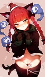 Rule 34 | 1girl, absurdres, animal ears, braid, cat ears, cat girl, cat tail, cowboy shot, fang, hagure kedama, highres, kaenbyou rin, looking at viewer, red eyes, red hair, smile, solo, tail, touhou, twin braids, winter clothes