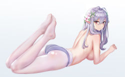 Rule 34 | 1girl, absurdres, age progression, aged up, antenna hair, ass, blue panties, breasts, closed mouth, flower, hair flower, hair ornament, highres, hong bai, kokkoro (princess connect!), large breasts, long hair, lying, on stomach, panties, panties under pantyhose, pantyhose, pointy ears, princess connect!, silver hair, smile, solo, split mouth, topless, underwear, white pantyhose