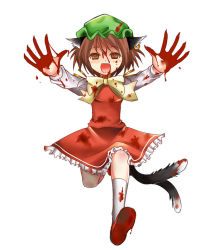 Rule 34 | 1girl, animal ears, bad id, bad pixiv id, blood, brown hair, cat ears, cat girl, cat tail, chen, earrings, fang, female focus, full body, hat, jewelry, multiple tails, running, short hair, simple background, skirt, solo, tail, takamoto akisa, touhou, white background, yandere