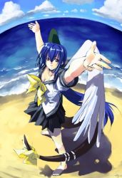 Rule 34 | 1girl, arc system works, arms up, asymmetrical wings, beach, black skirt, blue hair, bow, day, dizzy (guilty gear), fisheye, from above, guilty gear, long hair, minamino kanata, outdoors, red eyes, ribbon, school uniform, skirt, solo, tail, tail bow, tail ornament, tail ribbon, wings