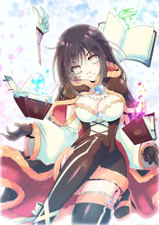 Rule 34 | 1girl, black cape, black dress, black gloves, black hair, black thighhighs, blush, book, breasts, brooch, brown eyes, cape, cleavage, closed mouth, commentary request, dress, feet out of frame, fire, fur-trimmed cape, fur-trimmed dress, fur trim, garter straps, gloves, jewelry, large breasts, long hair, long sleeves, looking at viewer, magic, official alternate costume, ragnarok online, red cape, short dress, smile, solo, strapless, strapless dress, tanono, thighhighs, two-sided cape, two-sided fabric, two-tone dress, warlock (ragnarok online), water, white dress, wind