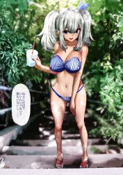 Rule 34 | 10s, 1girl, beach, bikini, bikini tan, blue bikini, blue eyes, blue nails, blue toenails, breasts, cup, disposable cup, drinking straw, flip-flops, highres, kantai collection, kashima (kancolle), large breasts, lawson, looking at viewer, nail polish, ocean, outdoors, sandals, silver hair, sky, smile, solo, souryu, speech bubble, stairs, strapless, strapless bikini, swimsuit, tan, tanline, text focus, toenail polish, toenails, translated, twintails