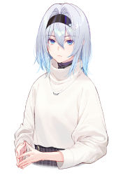 Rule 34 | 1girl, aqua eyes, beige shirt, cropped torso, expressionless, fingers together, grey hair, hair between eyes, hair intakes, hair ornament, hairband, high-waist skirt, jewelry, looking at viewer, necklace, plaid, plaid skirt, ryuuou no oshigoto!, shirabi, simple background, skirt, snowflake hair ornament, solo, sora ginko, upper body, white background