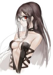Rule 34 | 1girl, bare shoulders, black dress, breasts, brown hair, center opening, choker, cleavage, closed mouth, collarbone, dress, earrings, fate/grand order, fate (series), glasses, jewelry, long hair, looking at viewer, medium breasts, mins (minevi), navel, red eyes, revealing clothes, sideboob, solo, strapless, strapless dress, upper body, very long hair, yu mei-ren (fate)