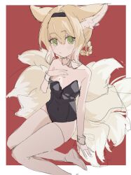 Rule 34 | 1girl, absurdres, animal ear fluff, animal ears, arknights, bare shoulders, black hairband, black leotard, blonde hair, blush, braid, braided hair rings, collar, collarbone, detached collar, fox ears, fox girl, fox tail, green eyes, hair between eyes, hair rings, hairband, hand up, highres, leotard, looking at viewer, no shoes, parted lips, red (aba02), red background, simple background, sitting, sketch, solo, strapless, strapless leotard, suzuran (arknights), tail, thighhighs, twin braids, white collar, white thighhighs, wing collar, wrist cuffs, yokozuwari