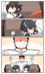 Rule 34 | 0 0, 1boy, 2girls, 4koma, :d, animal ears, arms up, azur lane, black hair, black shirt, black skirt, blush stickers, brown hair, chibi, comic, commentary request, couch, faceless, faceless male, gloves, hair between eyes, hair flaps, hair ornament, high ponytail, highres, historical name connection, jacket, kantai collection, long sleeves, military jacket, multiple girls, name connection, on couch, open mouth, parted lips, pillow, pleated skirt, ponytail, shigure (azur lane), shigure (kancolle), shirt, short sleeves, silent comic, sitting, skirt, smile, tail, white gloves, white jacket, wolf ears, wolf girl, wolf tail, wristband, yagami kamiya