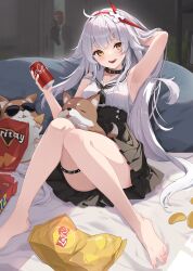Rule 34 | 1girl, absurdres, ahoge, alternate costume, animal, arm behind head, arm up, armpits, bare arms, bare legs, bare shoulders, barefoot, black choker, black skirt, brand name imitation, breasts, can, chips (food), choker, coca-cola, cola, collared shirt, convenient leg, dog, doritos, feet, fenrir (tower of fantasy), food, hairband, hand in own hair, hand up, high-waist skirt, highres, holding, holding can, lay&#039;s (potato chips), legs, long hair, looking at viewer, miaohik, miniskirt, nail polish, neckerchief, open mouth, pleated skirt, potato chips, ritz crackers, shirt, skirt, sleeveless, sleeveless shirt, small breasts, smile, solo, spread toes, thick eyebrows, thigh strap, thighs, toenail polish, toenails, toes, tower of fantasy, white hair, white shirt, yellow eyes